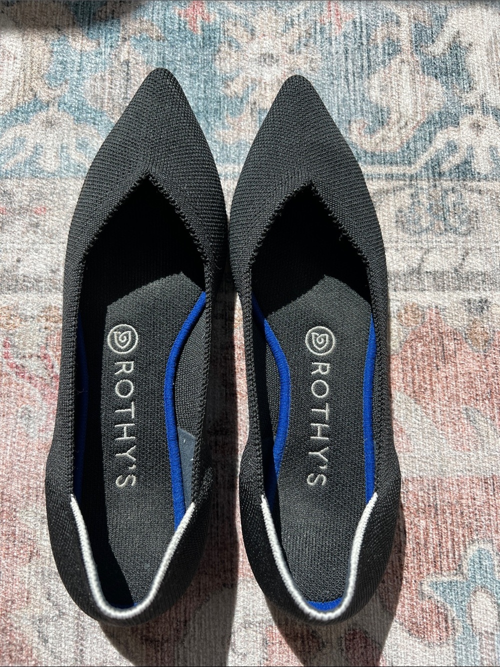 Rothy's Black Knit Pointed Flats with Blue Trim